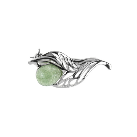 Silver brooch with green quartz - leaf