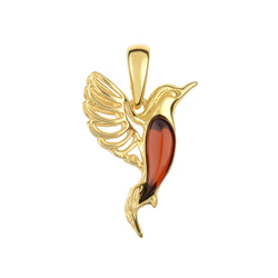 Silver pendant with amber - hummingbird