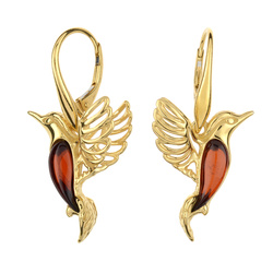 Silver earrings with amber - hummingbird