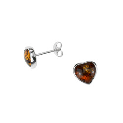 Silver earrings with amber - hearts