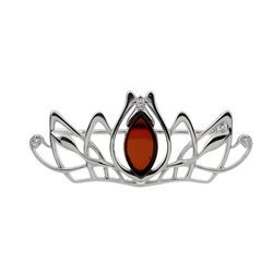 Silver brooch with amber with zircons - crown