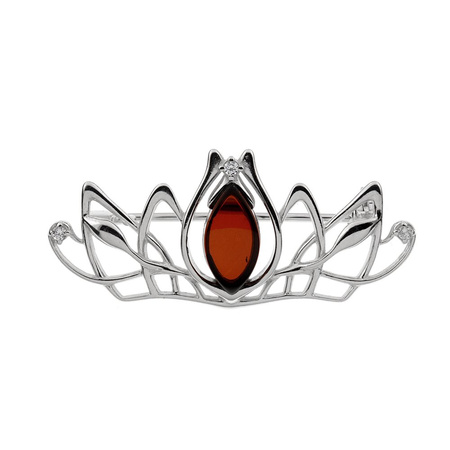 Silver brooch with amber with zircons - crown