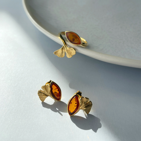 Silver earrings with amber - Ginkgo