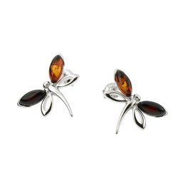 Silver earrings with amber - dragonfly