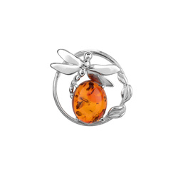 Silver pendant with amber- Dragonfly