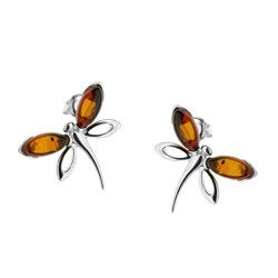 Silver earrings with amber - dragonfly