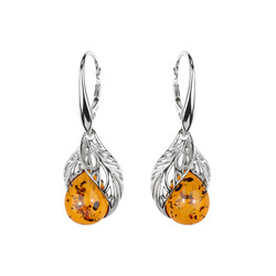 Silver earrings with amber - leaf