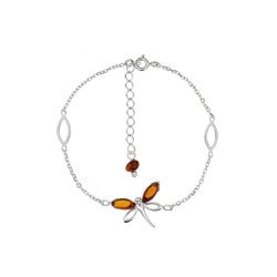 Silver bracelet with amber - dragonfly