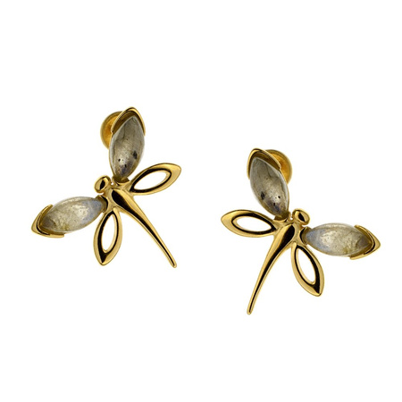 Gold plated earrings with labradorite - dragonfly