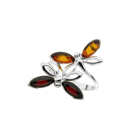 Silver ring with amber - dragonfly